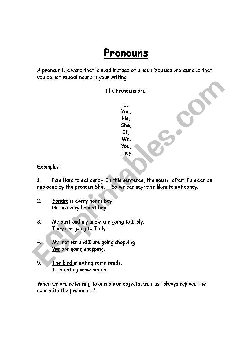 Pronouns Note worksheet