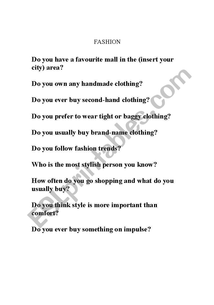 Fashion questions worksheet