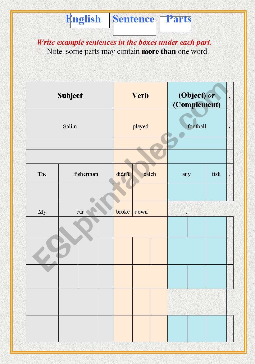 Sentence Parts Table + Exercises 