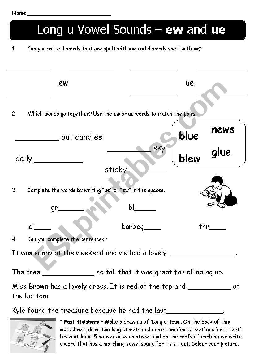 Long u Vowels - ew/ ue worksheet