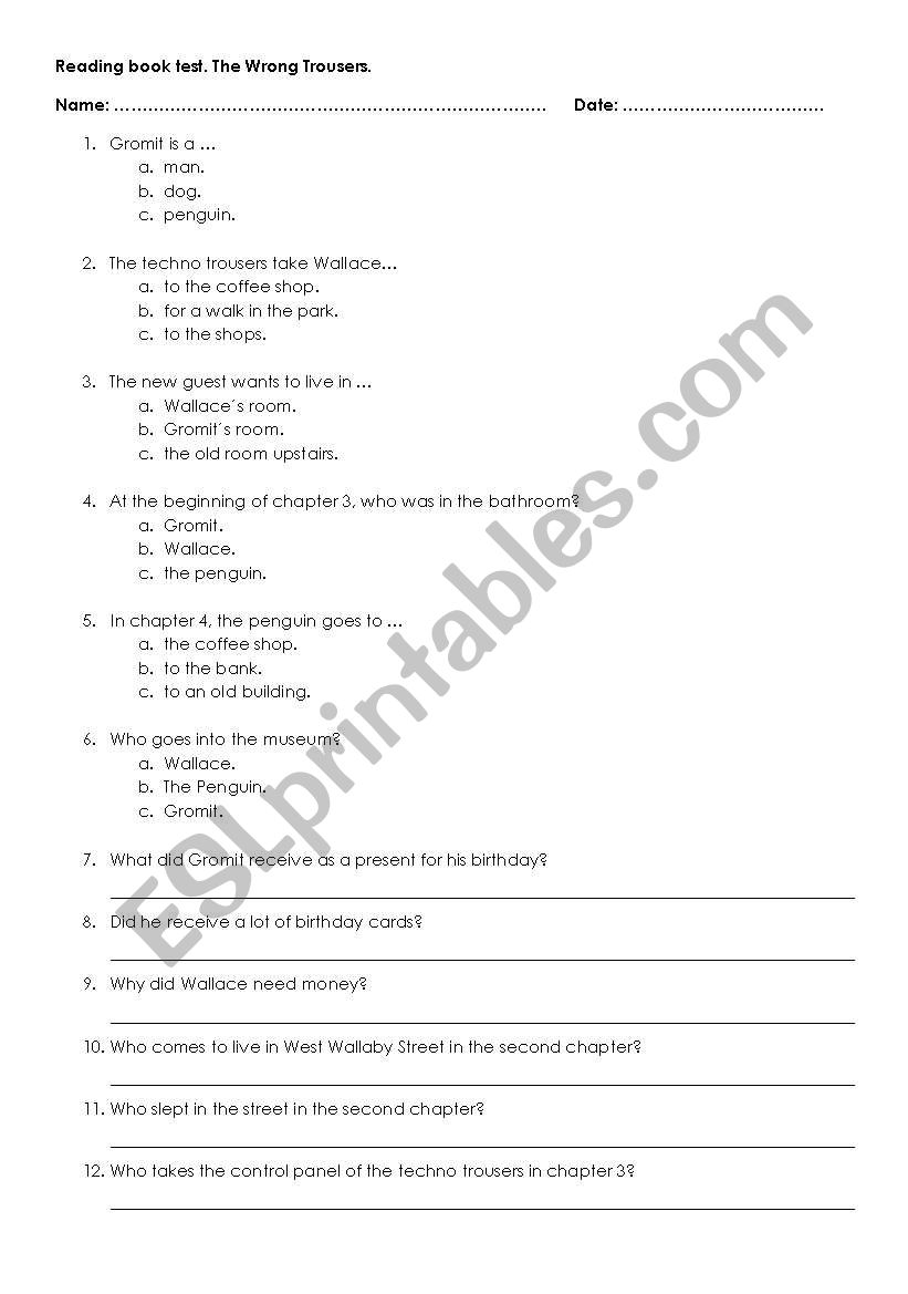 The Wrong Trousers worksheet