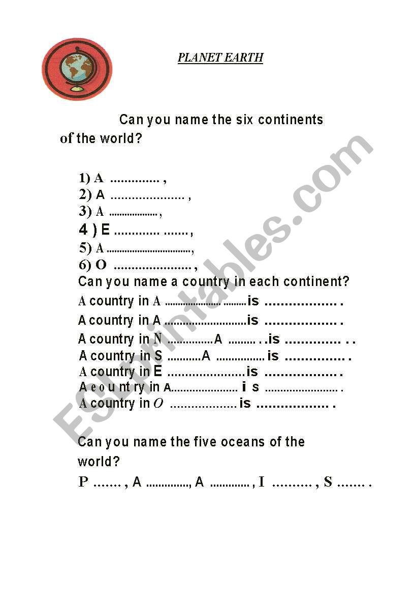 Continents and Oceans worksheet