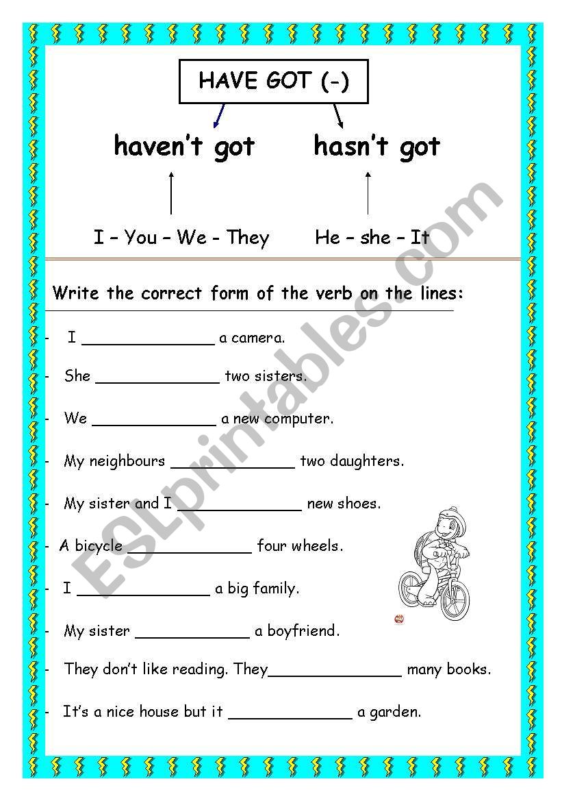 have got (neg.) worksheet