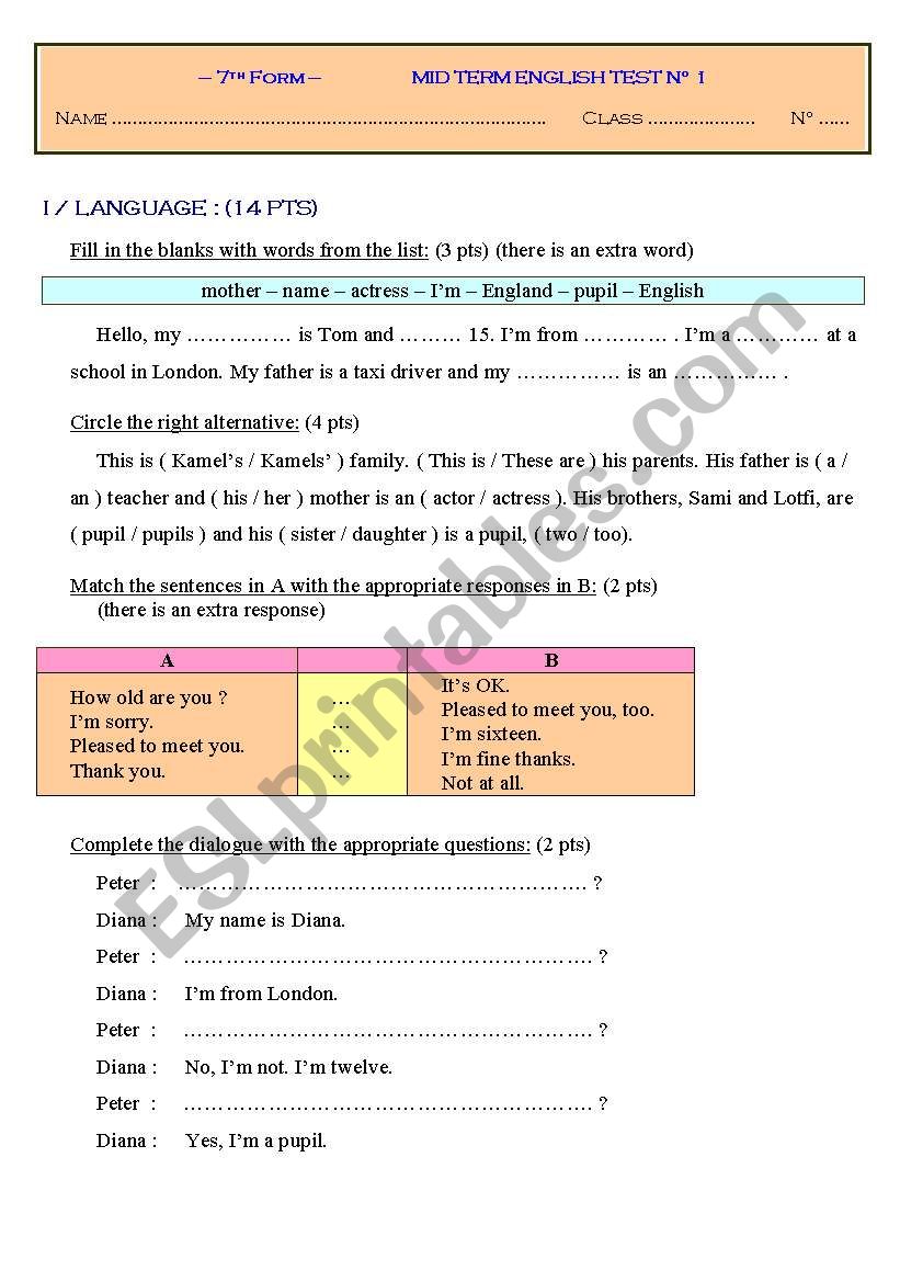 mid term test N1 7th worksheet