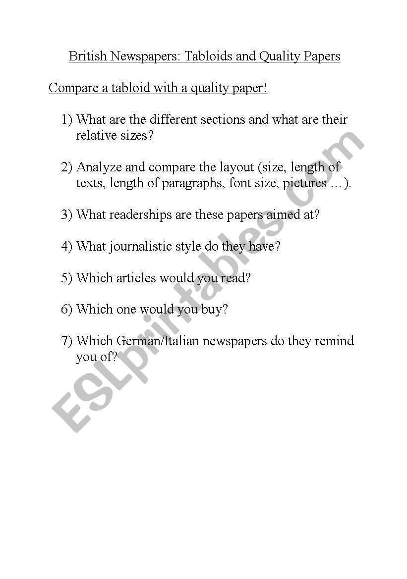 Newspapers worksheet