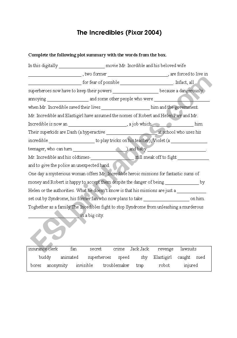 The Incredibles worksheet