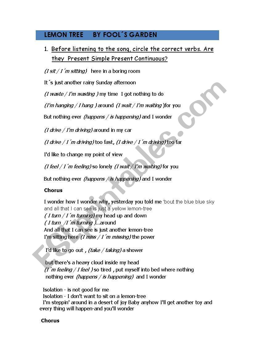 LEMON TREE SONG worksheet