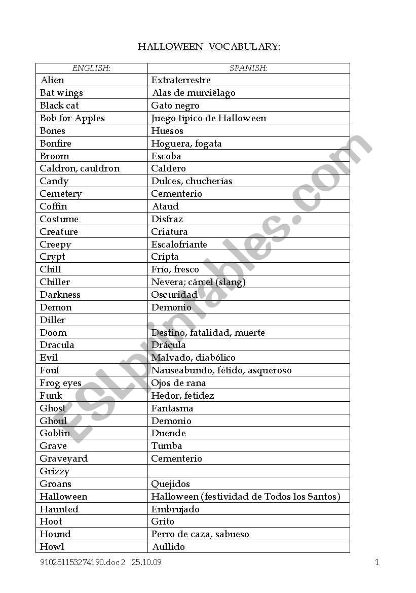 A more complete Halloween vocabulary...