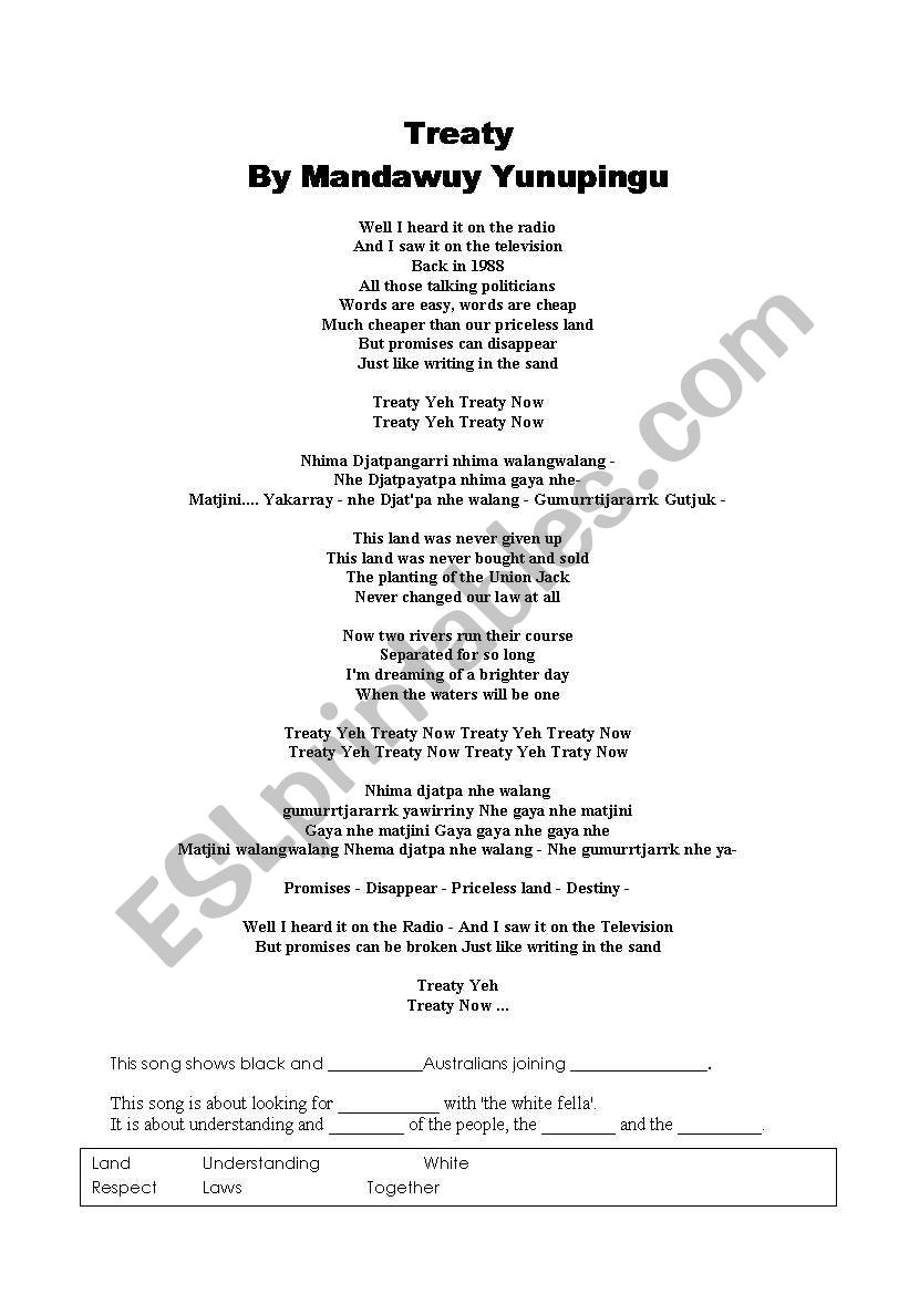 Treaty - Yothu Yindi worksheet