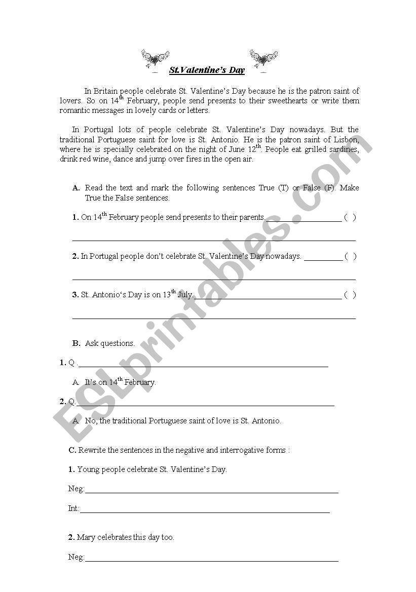 Valentines Test worksheet