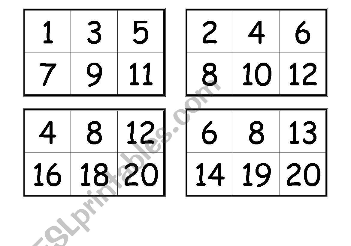 Numbers bingo cards (from 1 to 20)