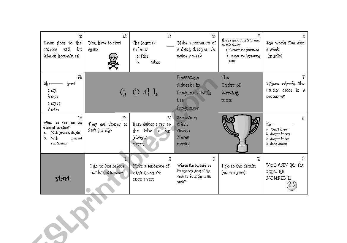 Adverbs game board worksheet