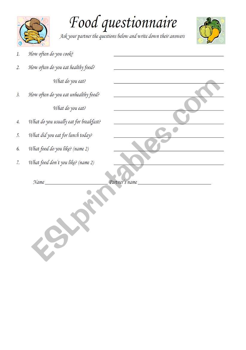 food questionnaire worksheet