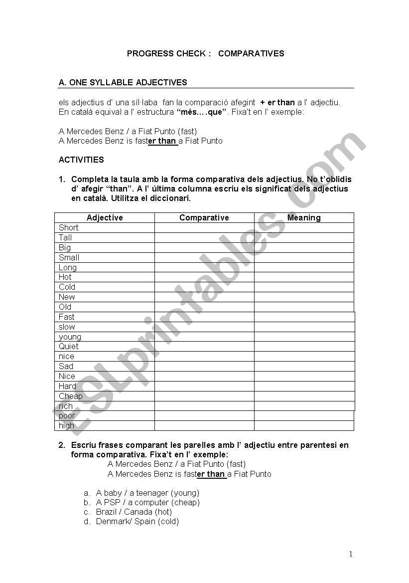 PROGRESS CHECK:  COMPARATIVES worksheet