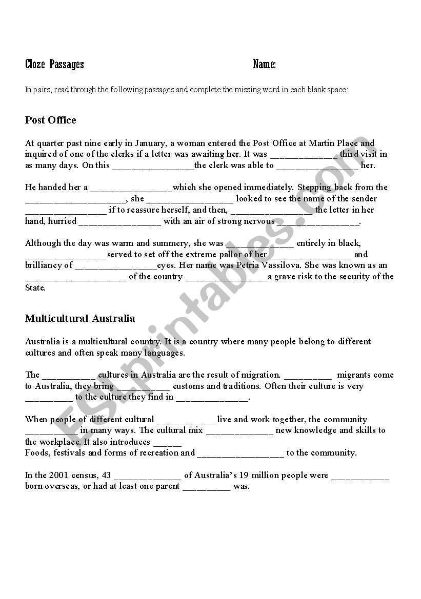 Cloze Passages - Upper Primary