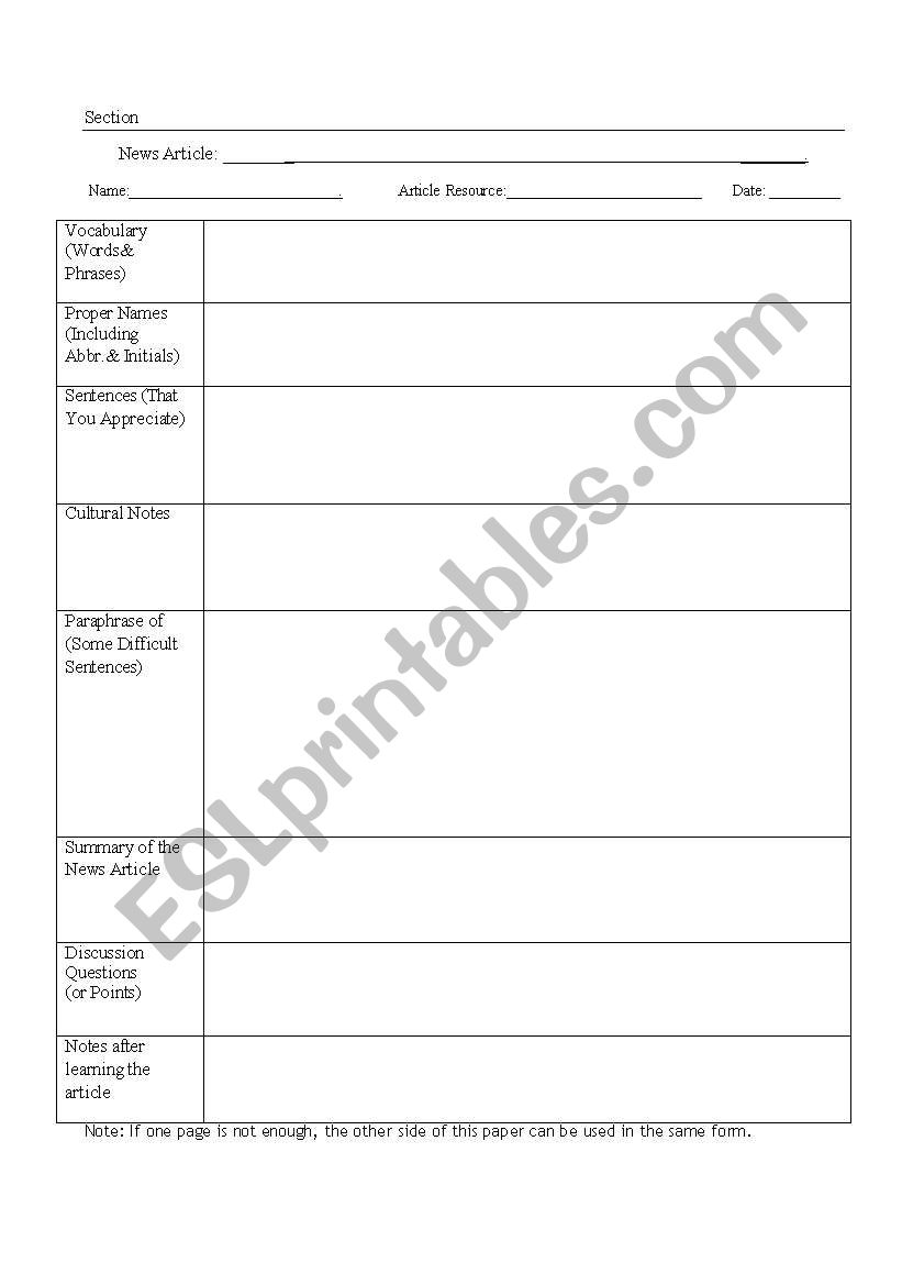 worksheet for newspaper article reading