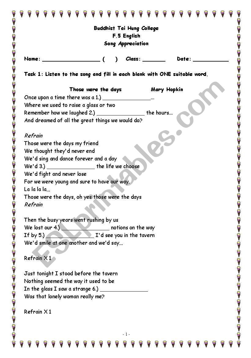 Those were the days worksheet