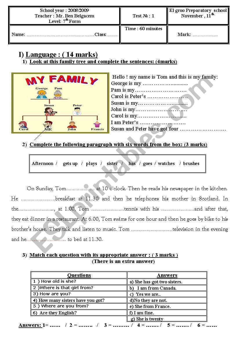 7 th form test  worksheet