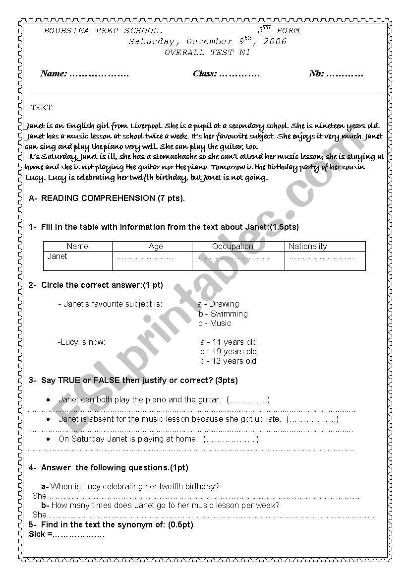 8th form  over all test n 1 worksheet