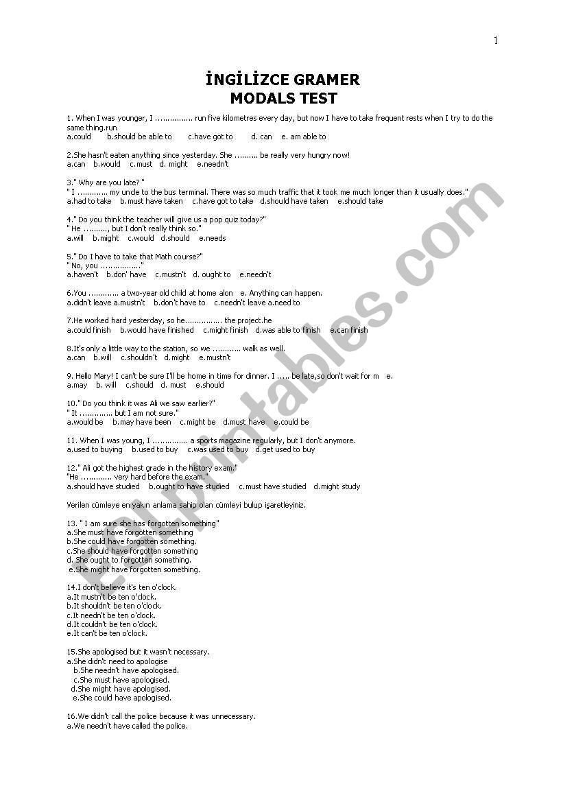 modals test worksheet