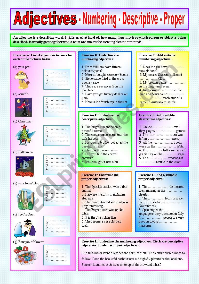 ADJECTIVES - Numbering, Descriptive & Proper Adjectives - ((Elementary/Intermediate)) - 8 Exercises with approx. 40 sentences to complete - (( B&W VERSION INCLUDED ))