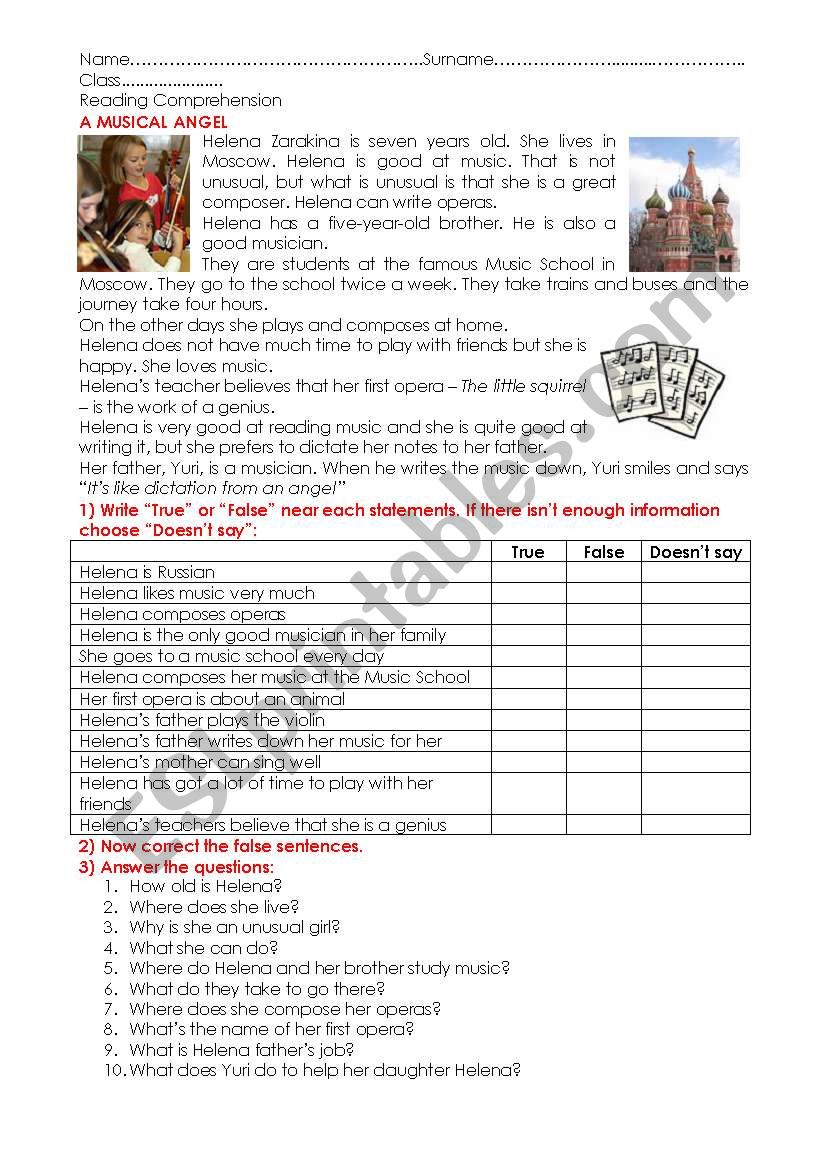 A musical angel worksheet