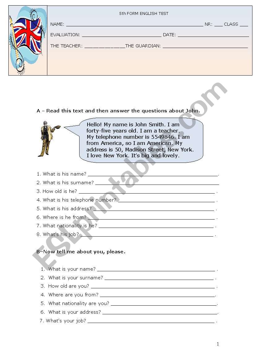 5TH FORM ENGLISH TEST worksheet