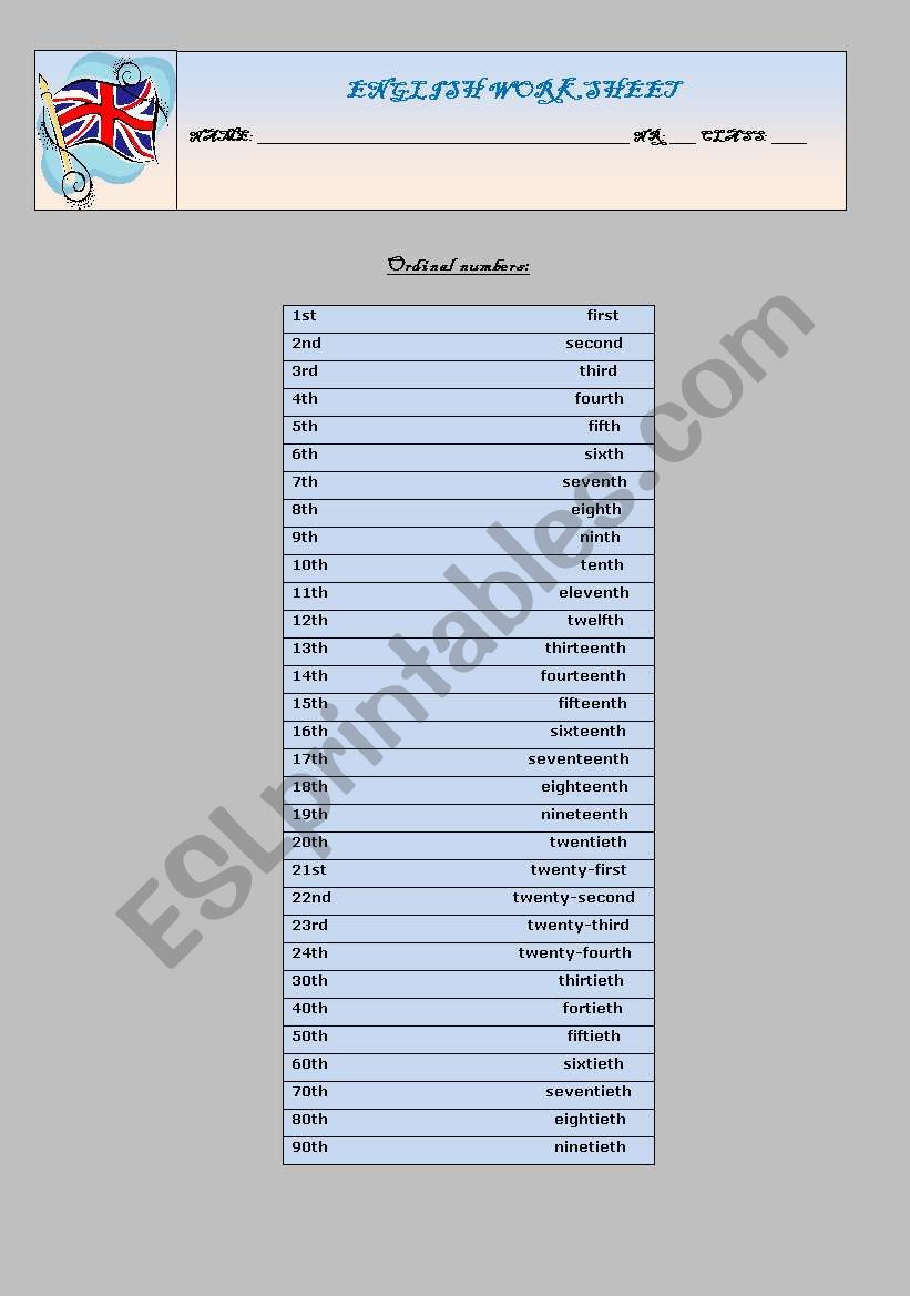 Ordinal Numbers worksheet