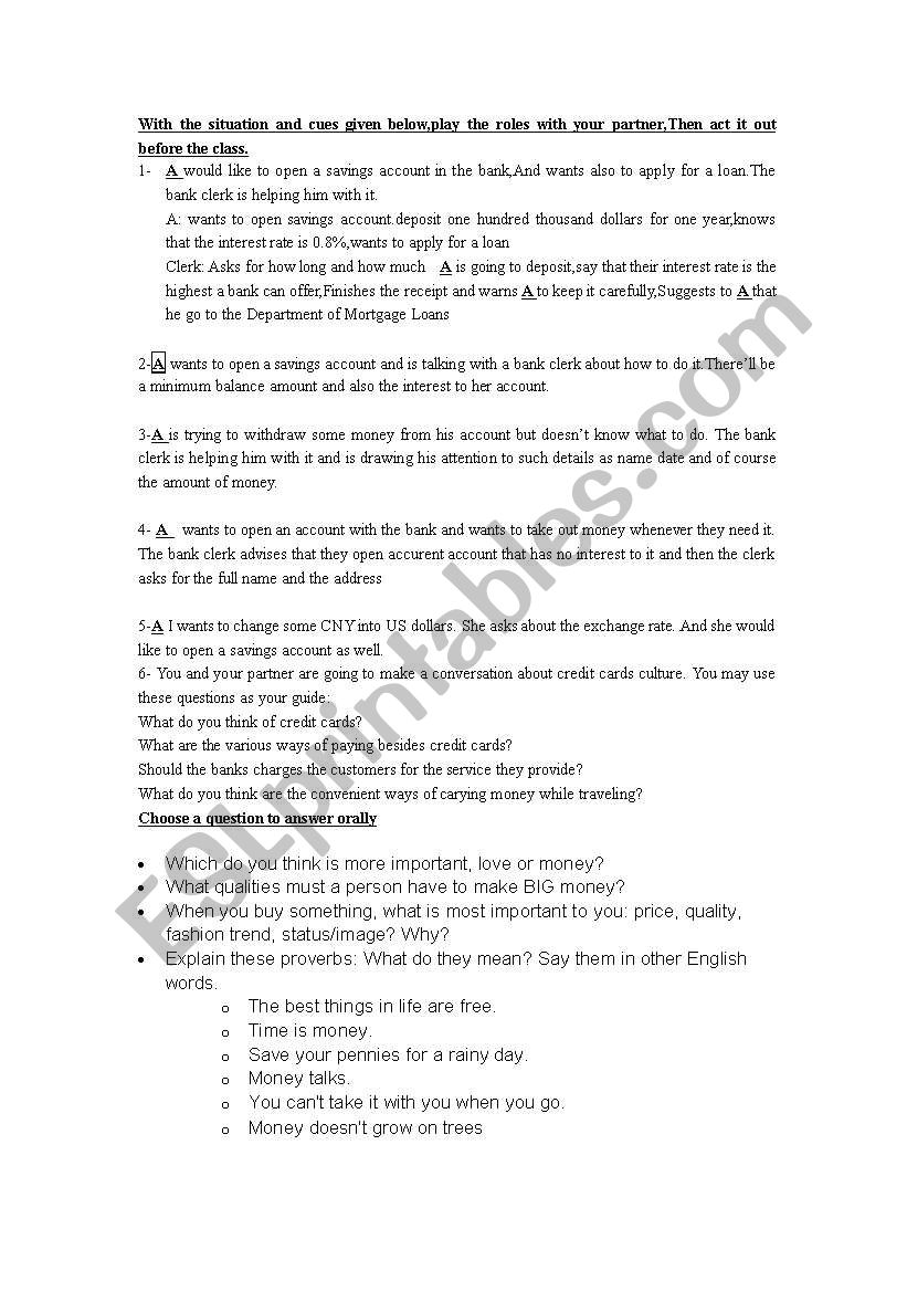 Bank dialogues worksheet