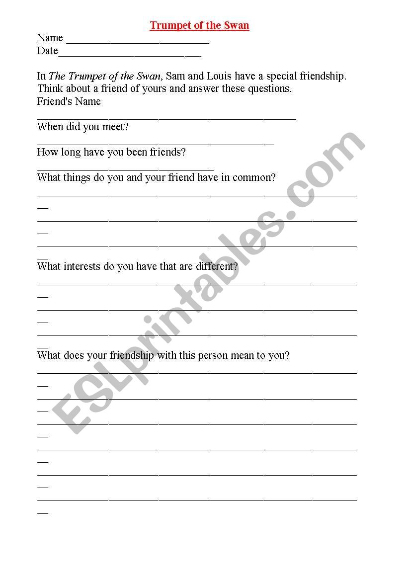 Book: Trumpet of the Swan - Friendship Worksheet