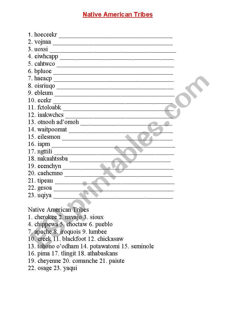 Unscramble the Words: Native American Tribes