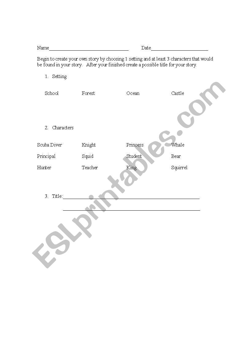 title, setting, characters worksheet