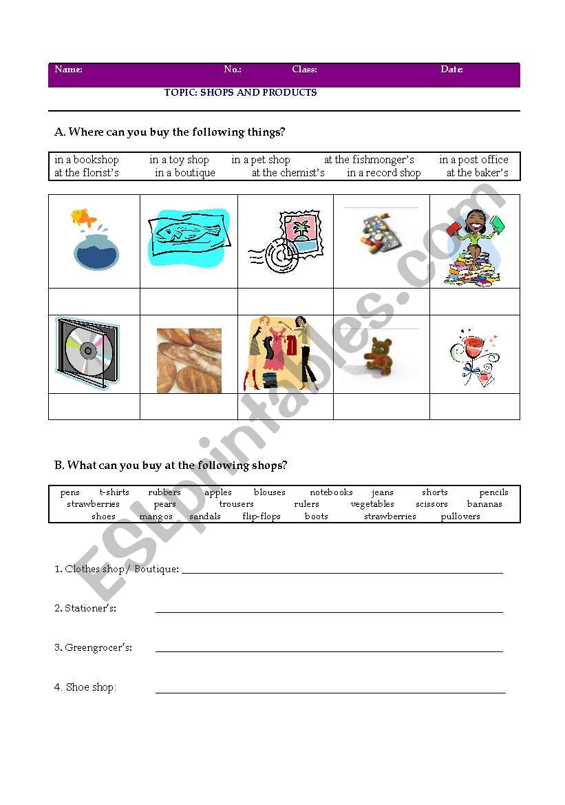 Shops and Products worksheet