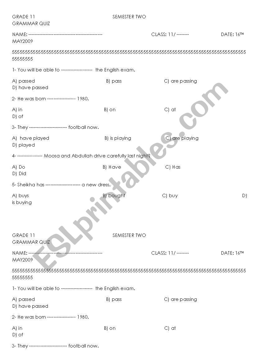 placement test worksheet