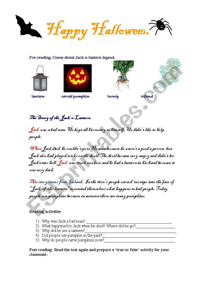 Jack-o-lantern reading worksheet