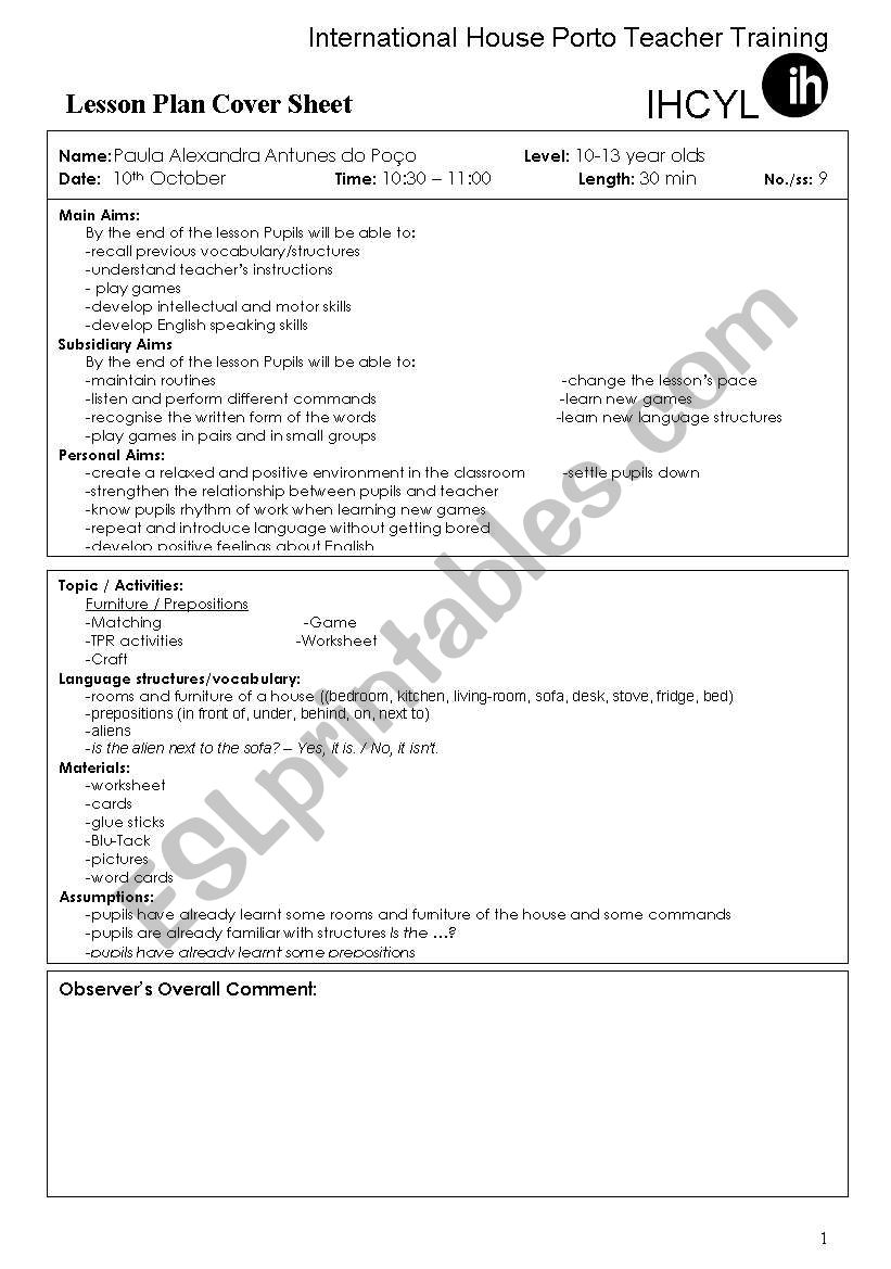 Lesson Plan - Furniture and Prepositions