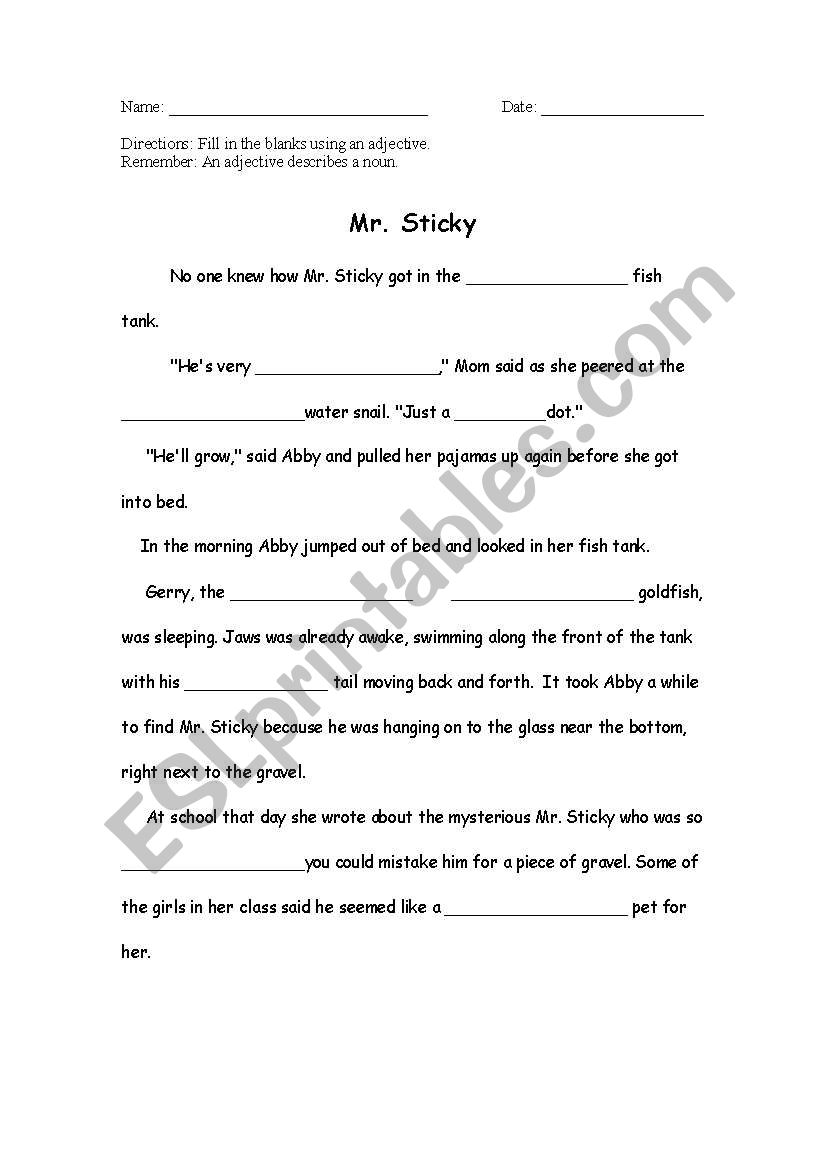 Adjective Cloze Passage worksheet
