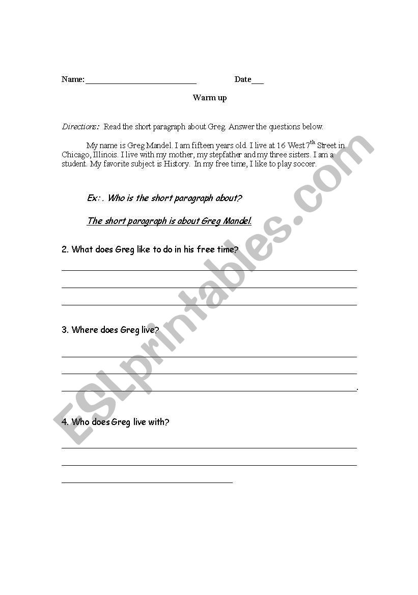 Comprehension questions worksheet