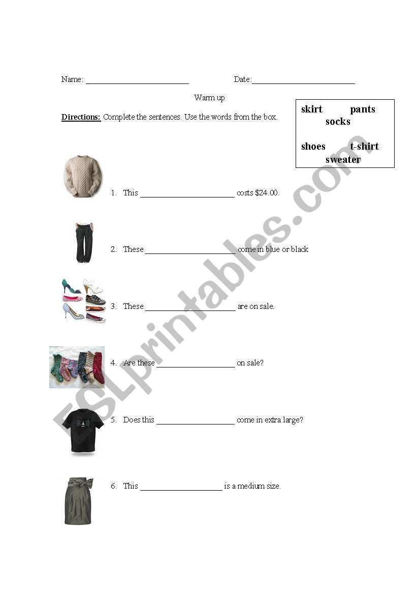 Clothes worksheet