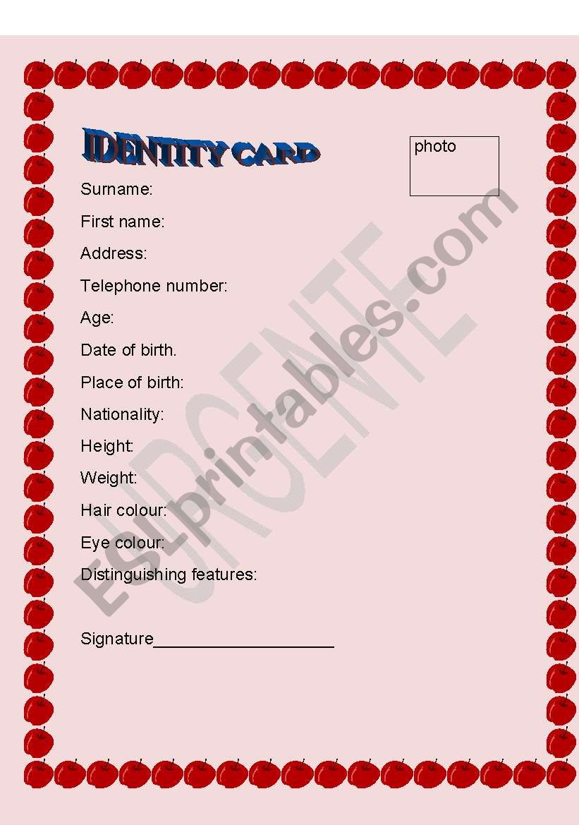 Identity card worksheet