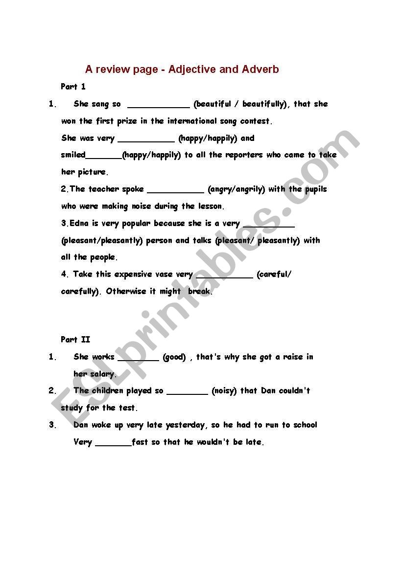 Adjective and Adverbs worksheet