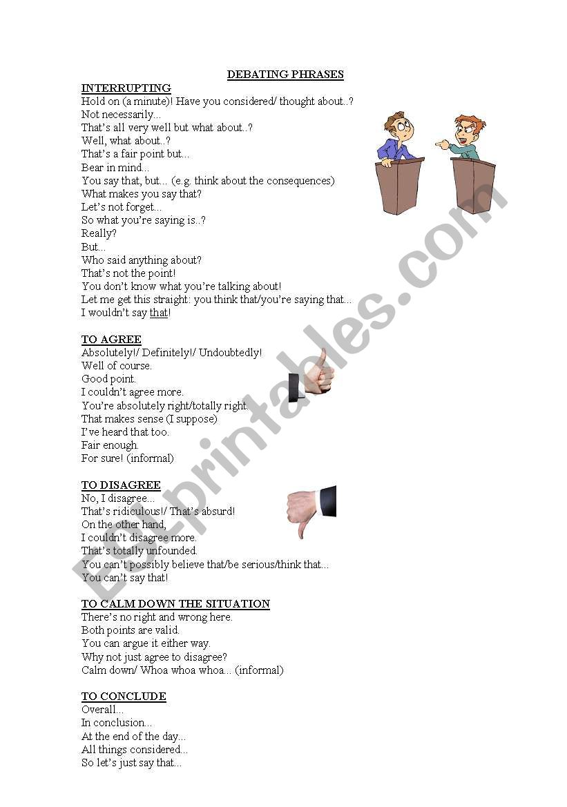 Debating phrases worksheet