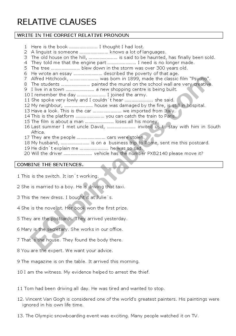 relative clauses worksheet