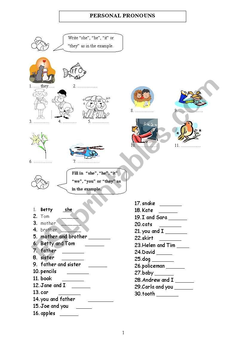 personal pronouns worksheet