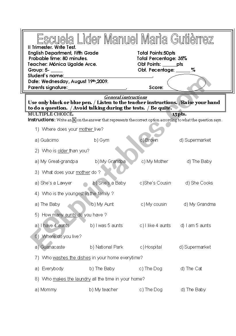 test of family worksheet