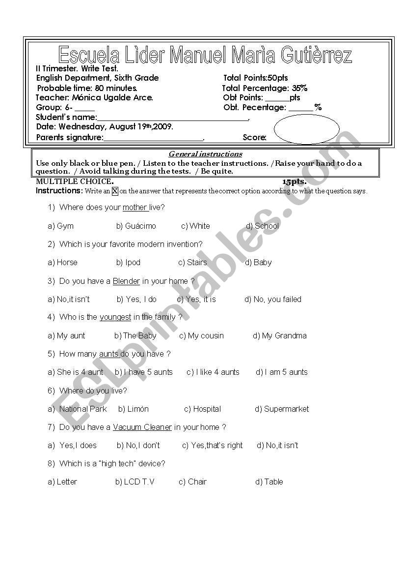 test for sith grade worksheet