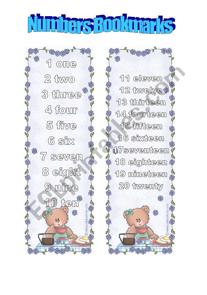 NUMBERS BOOKMARKS worksheet