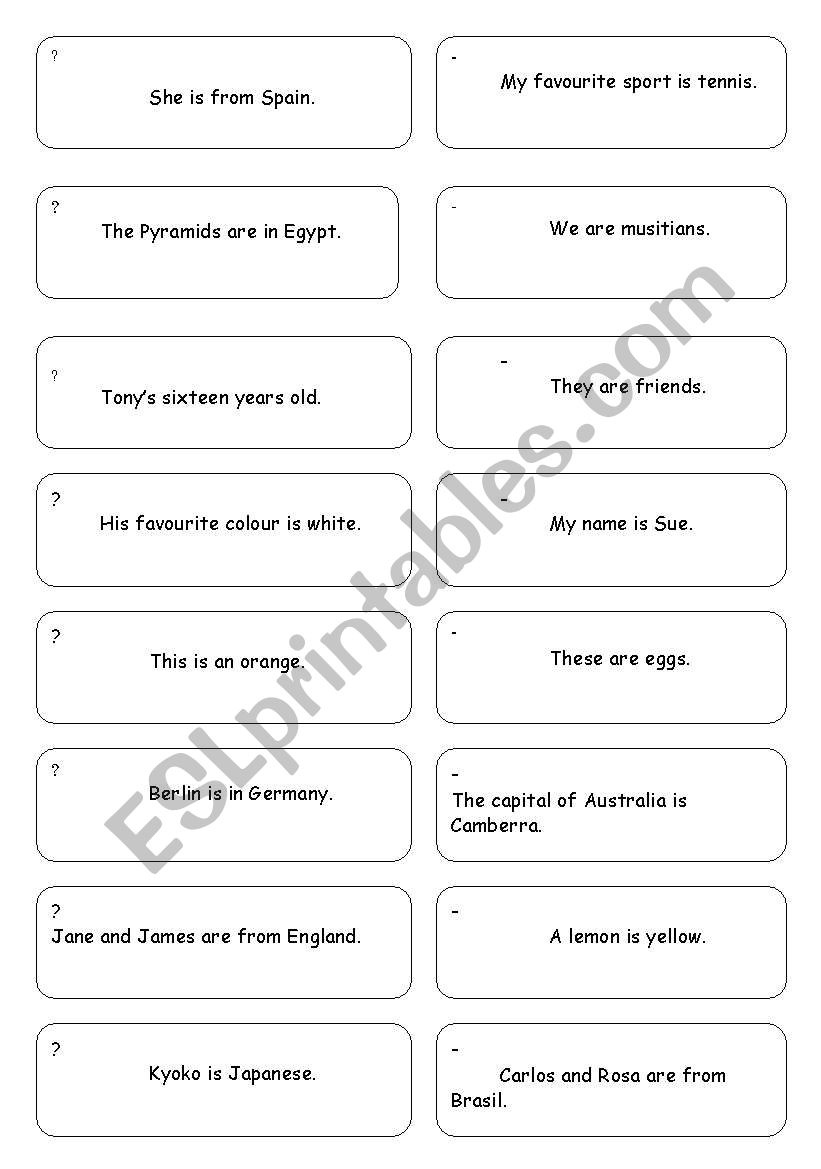 Drill cards for practicing and revising interrogative and negative of to be