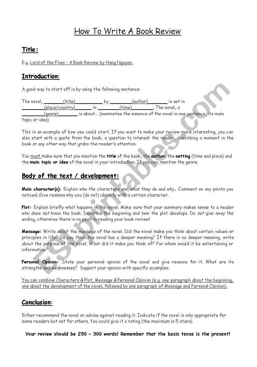 How to write a book review worksheet