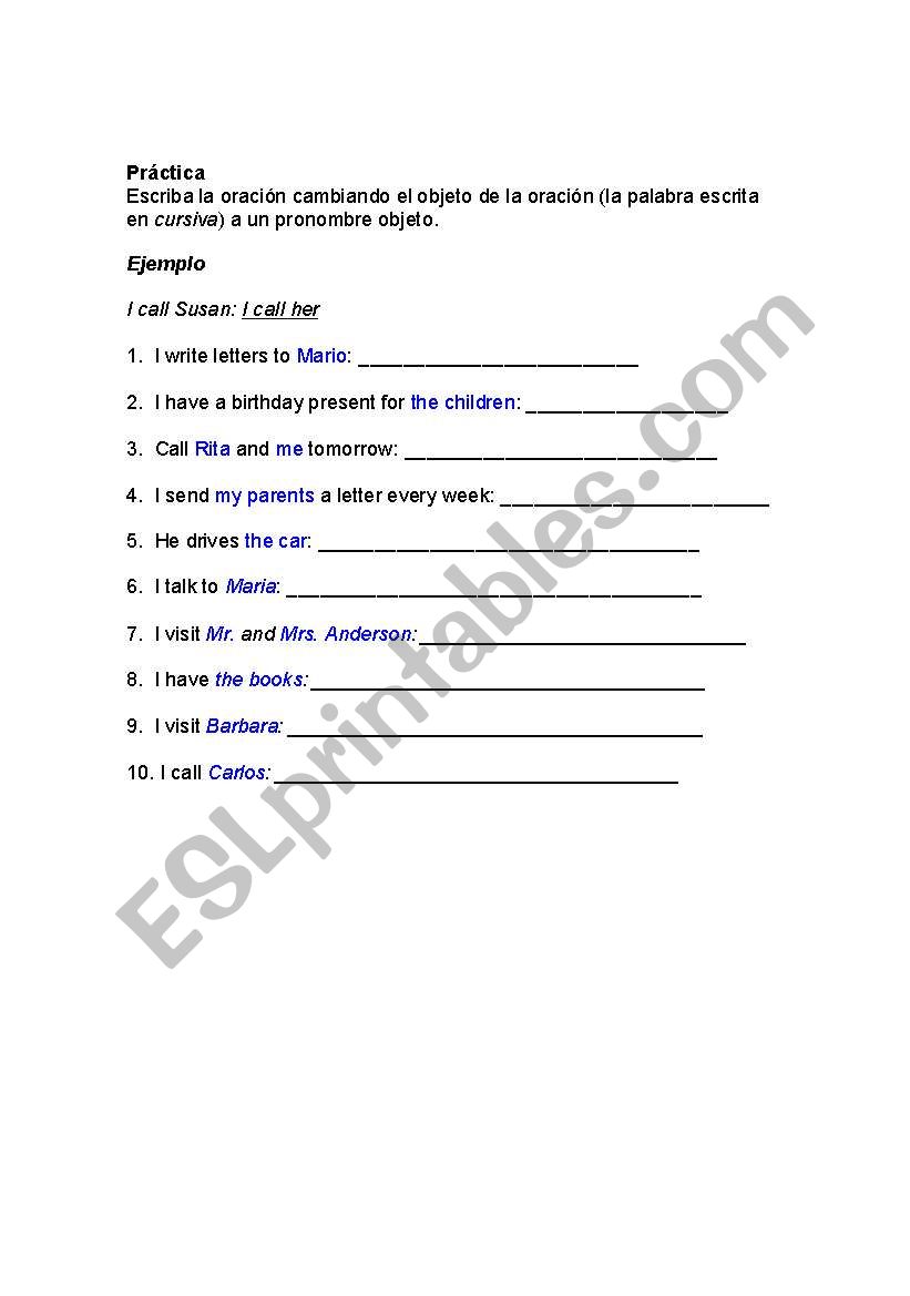 object pronouns excercises worksheet